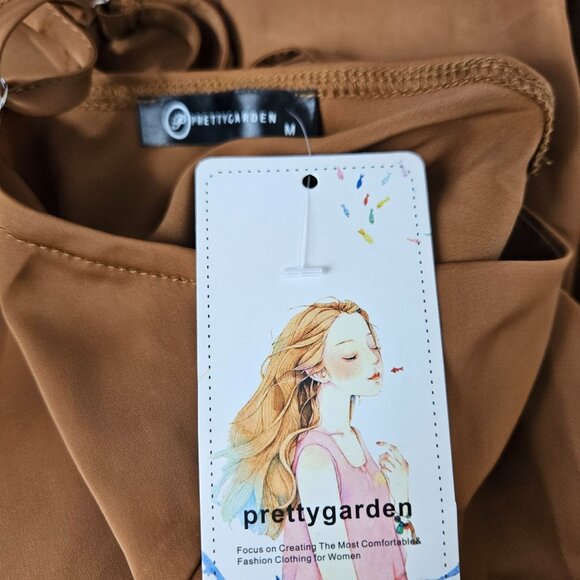 Pretty Garden One-Shoulder Midi Dress Brown Satin Size Medium Party Wedding Chic - Picture 8 of 9